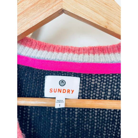 Sundry Contrast Stripe Cardigan Tennis Varsity Preppy Navy Wool Cashmere - Picture 6 of 7